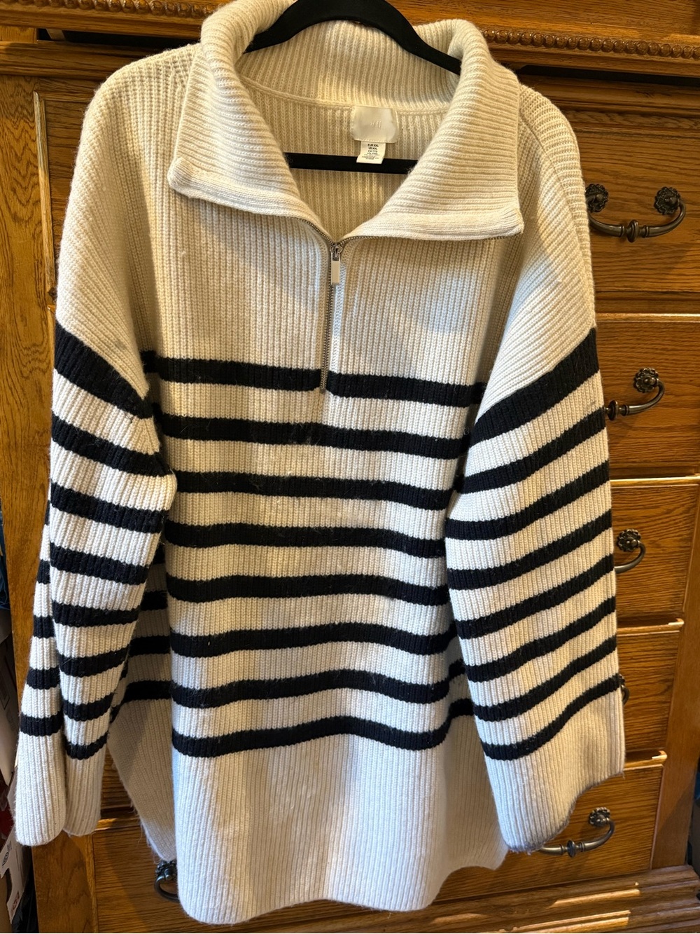 H&M Cream & Black Striped Half-Zip Turtleneck Sweater